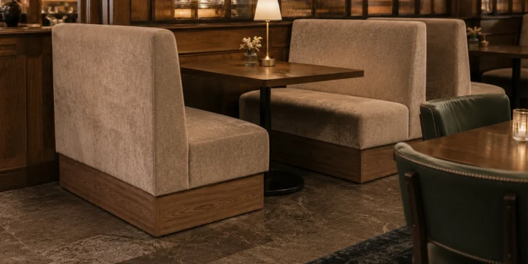 Booth seating in a dimly lit restaurant with beige upholstered benches, a wooden table, a small flower vase, and a lamp on the table.