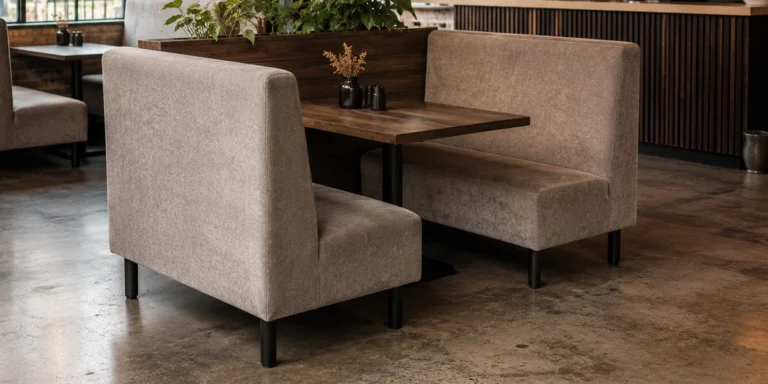 Booth-style seating with a wooden table in a modern cafe, beige upholstered benches and a concrete floor.