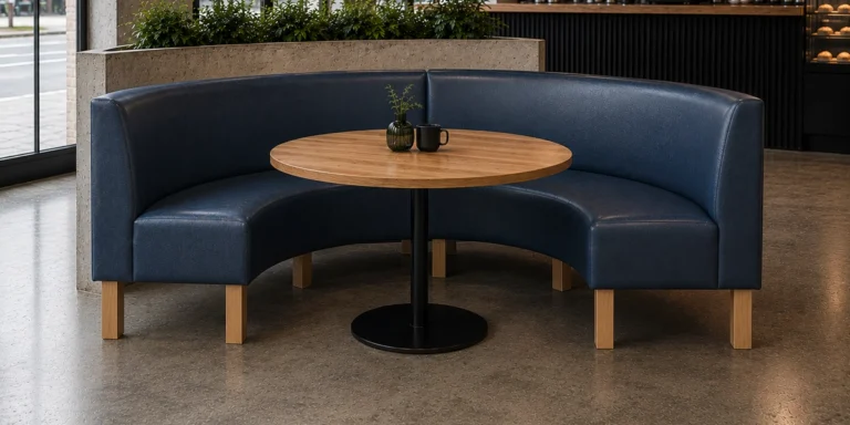 Curved navy blue booth seating around a round wooden table with a small plant and mug on top in a modern cafe.