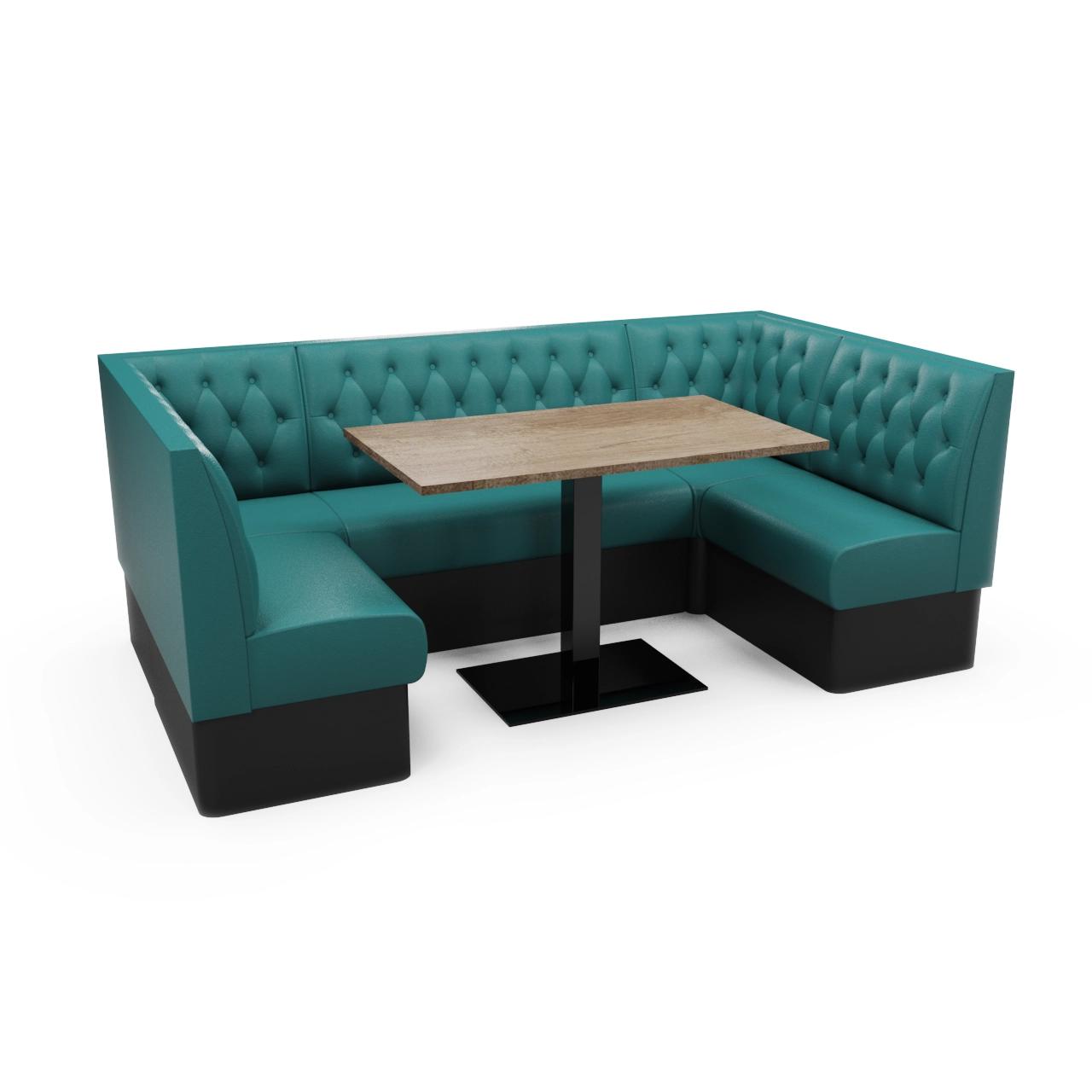 Teal upholstered L-shaped booth with tufted back and a rectangular wood table in the center on a black pedestal base, in a dining area setting.