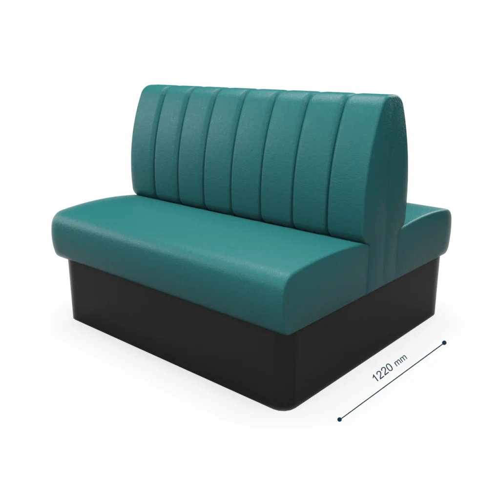 Teal upholstered booth seat with vertical back cushions and a dark base, shown at an angled three-quarter view with a 1220 mm measurement line beside it.