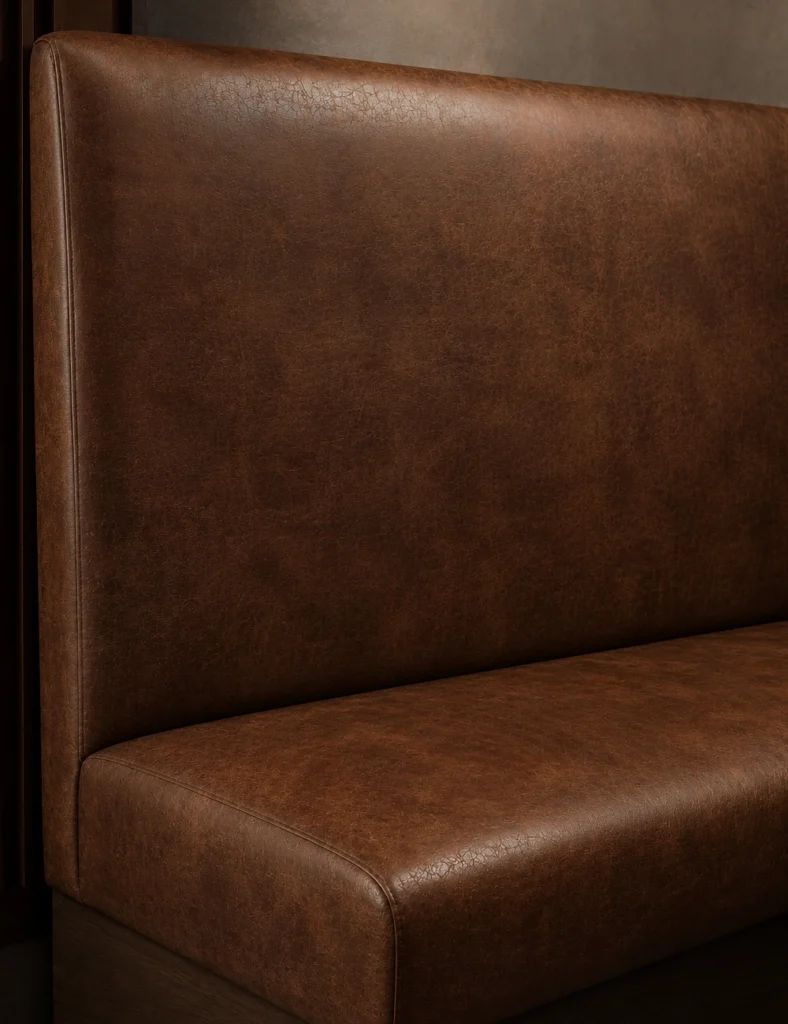 Close-up of a brown leather upholstered booth seat and backrest with a slightly textured surface.