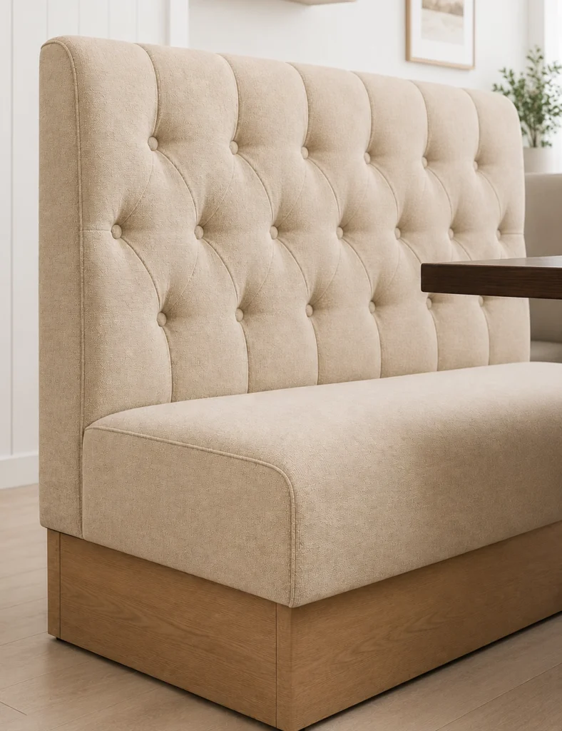 Beige tufted upholstered booth seat with a light wood base in a dining area.