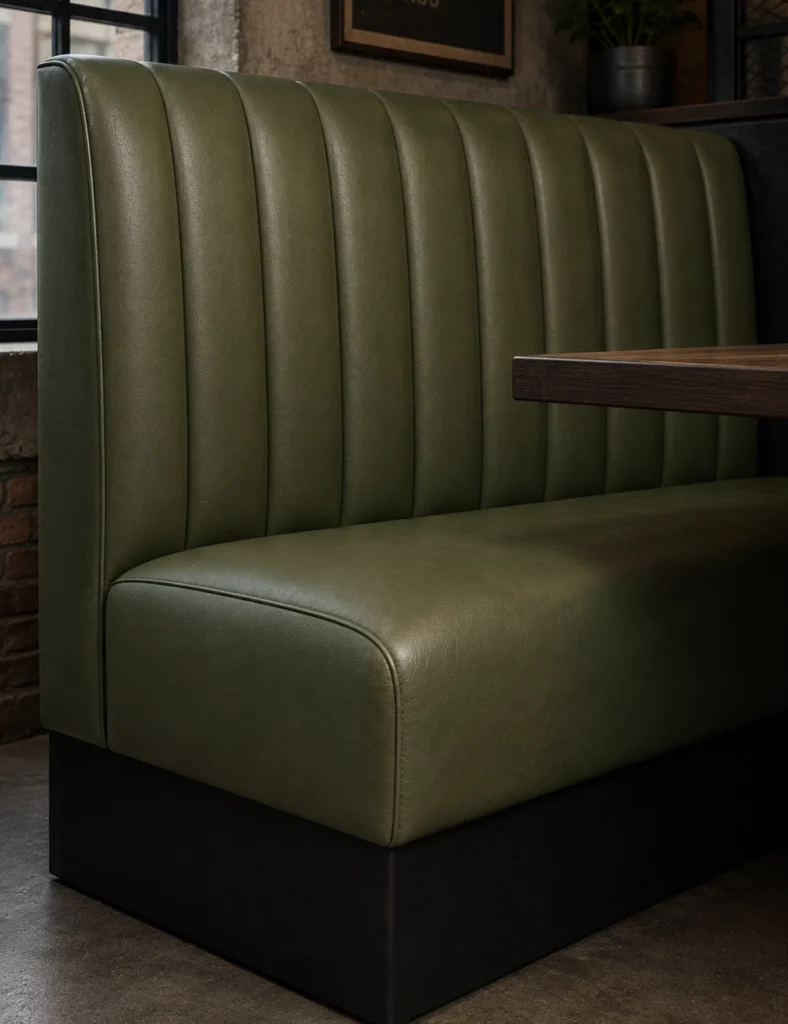 Olive-green upholstered booth with vertical channeling and a dark wooden table edge in a dimly lit indoor setting