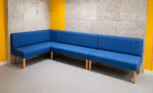 HCF Contract Furniture blue faux leather banquette seating in st pauls cathedral school