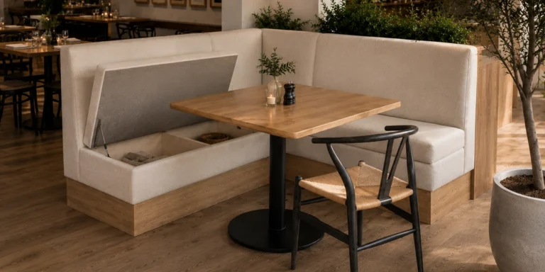 Cozy restaurant booth with a wooden table, beige upholstered seating, and a woven chair; candle and plant accent the table setting.