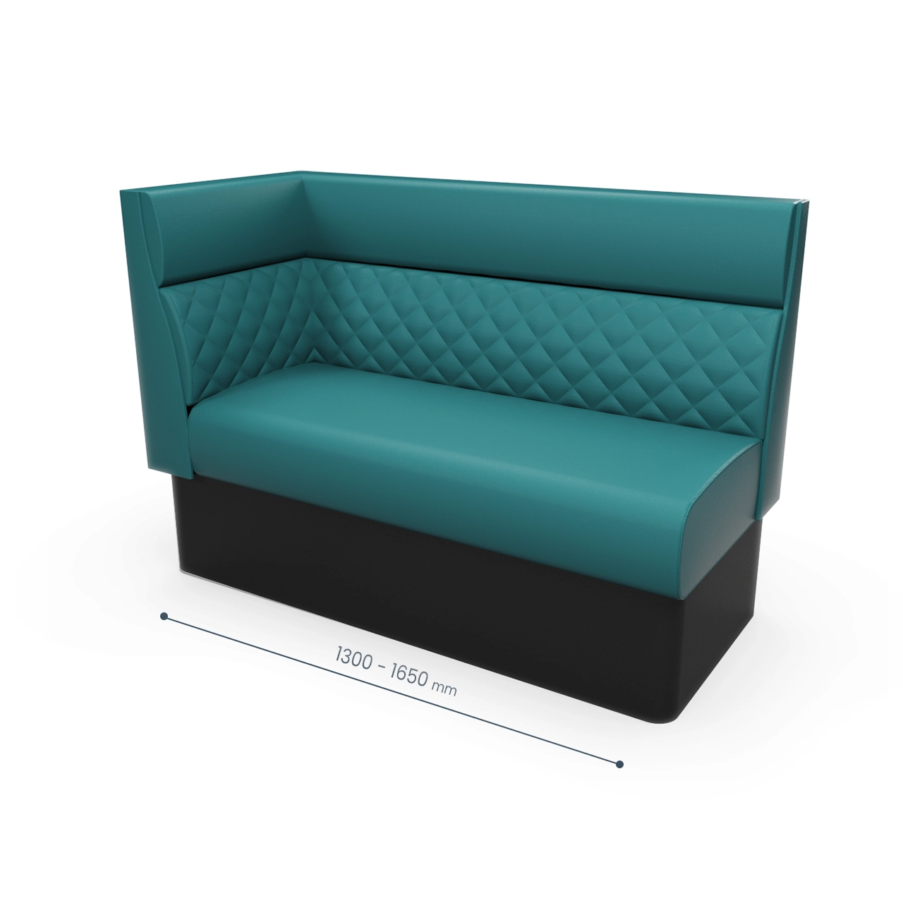 Teal upholstered booth seat with tufted backrest on a black base, shown with 1300–1650 mm length.