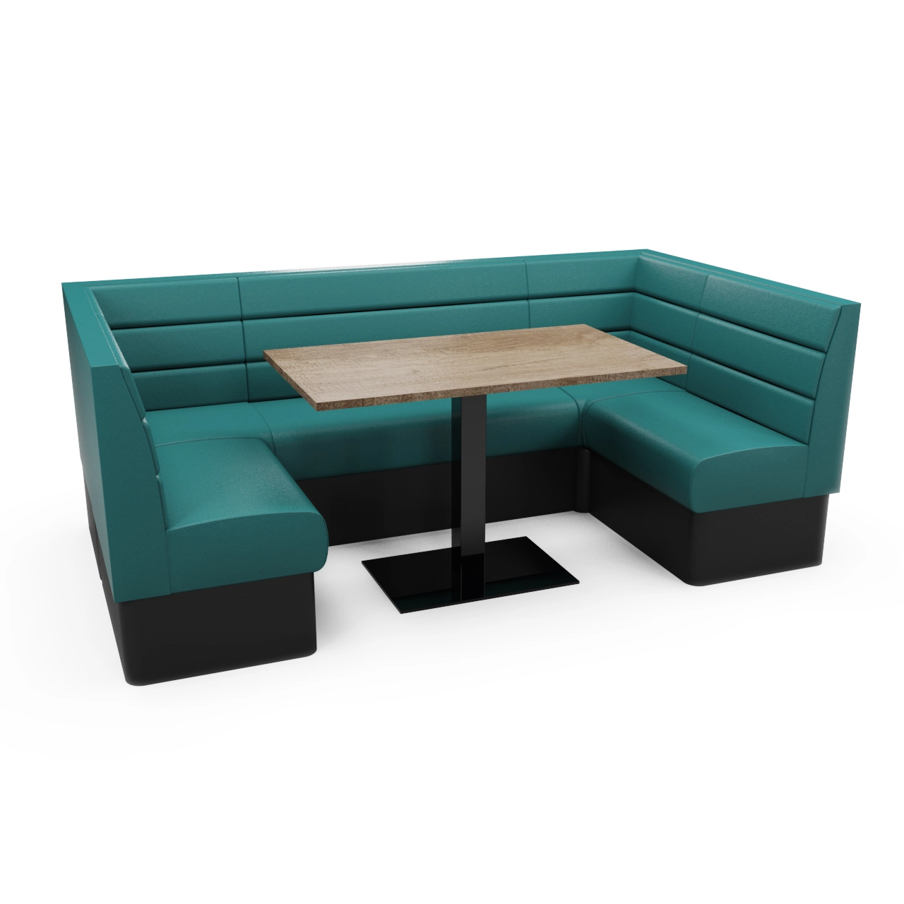 Teal U-shaped booth seating with padded backrests and a wood rectangular table in the center on a black pedestal base.
