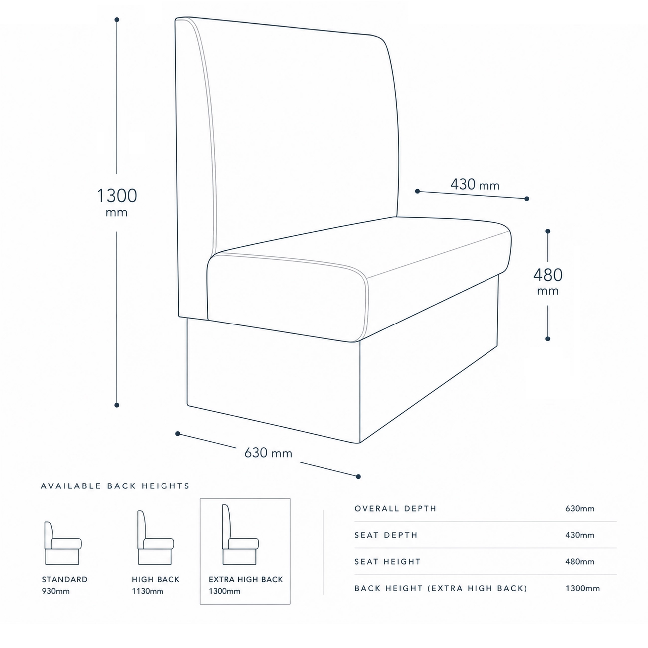 Line drawing of a chair with dimensions: overall depth 630 mm, seat depth 430 mm, seat height 480 mm, back height 1300 mm. Available back heights: 930, 1130, 1300 mm.