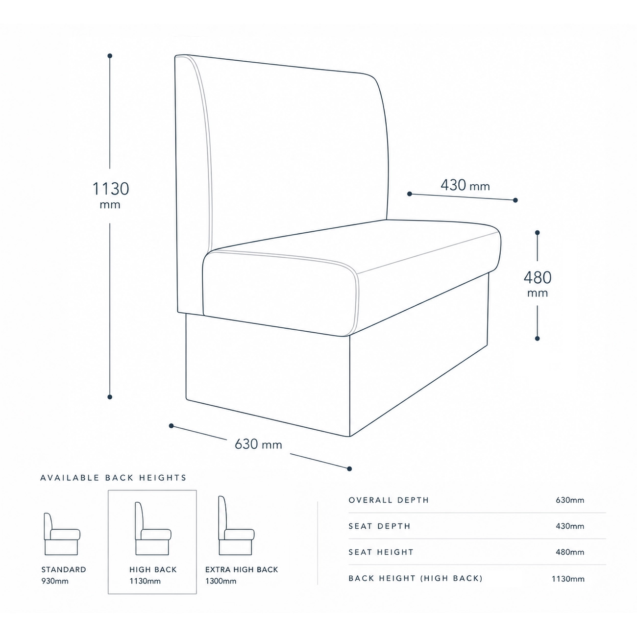 Diagram of a chair with dimensions: overall depth 630mm, seat depth 430mm, seat height 480mm, back height 1130mm; shows back-height options (930mm, 1130mm, 1300mm).