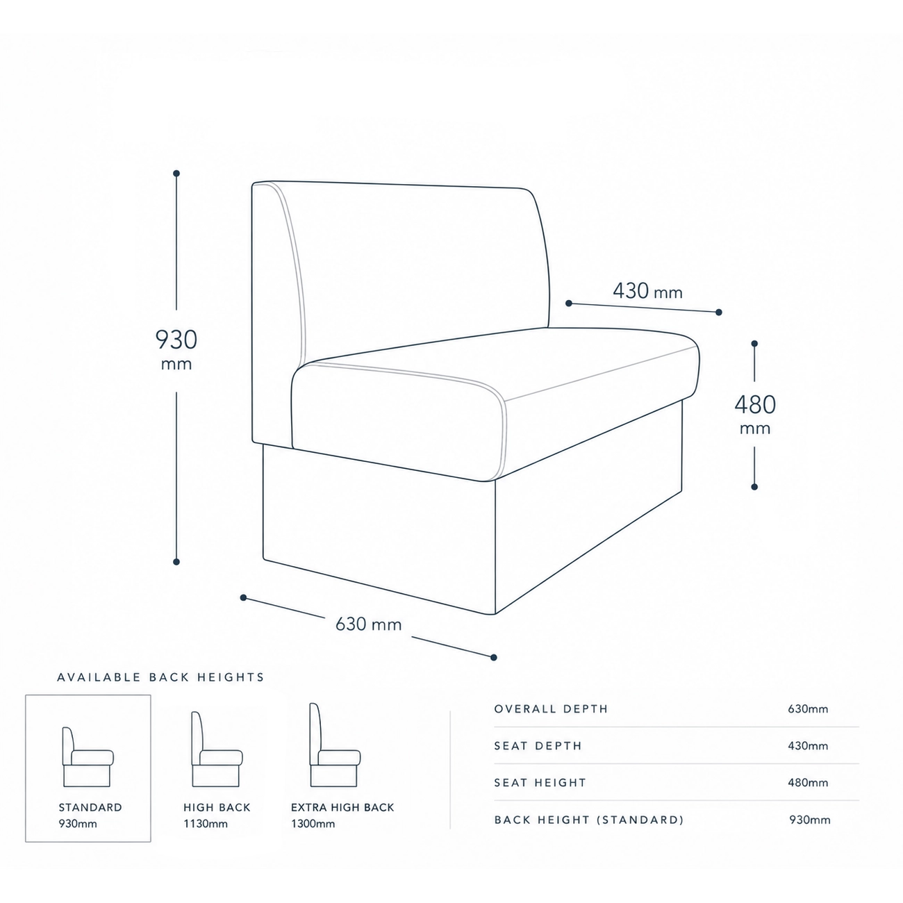 Technical diagram of a chair with dimensions: width 630 mm, depth 430 mm, seat height 480 mm, back height 930 mm. Available back heights: 930, 1130, 1300 mm.