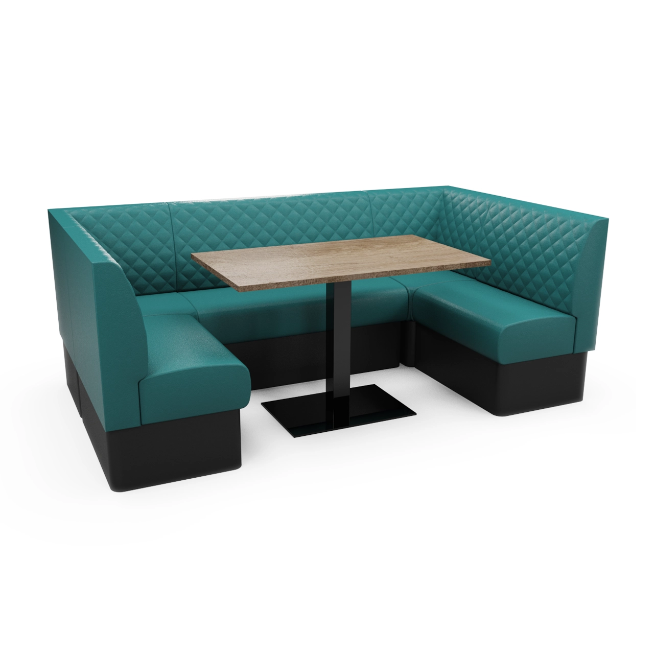 Teal L-shaped upholstered booth with diamond-quilted back cushions around a rectangular wooden table on a black pedestal base, in a dining setup.