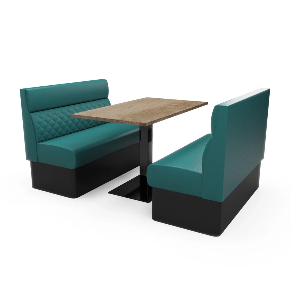 Teal booth seating with a wooden table in a small dining area, white background (studio render)