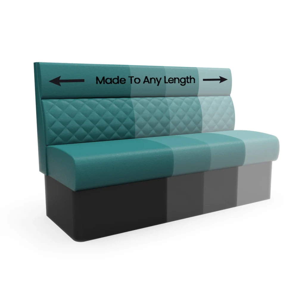 Length-adjustable teal booth seat with a back panel reading 'Made To Any Length' and arrows pointing left and right, suggesting adjustable length.