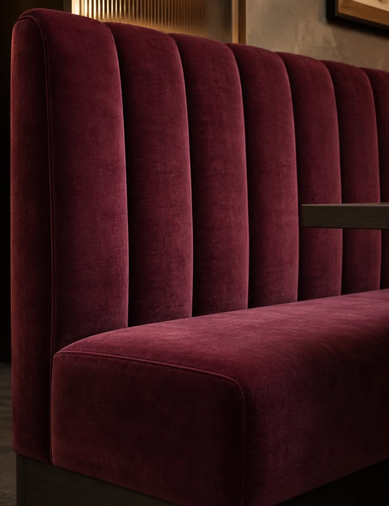 Close-up of a plush burgundy velvet booth with a tall, vertical tufted back in a dimly lit lounge area. (informative)
