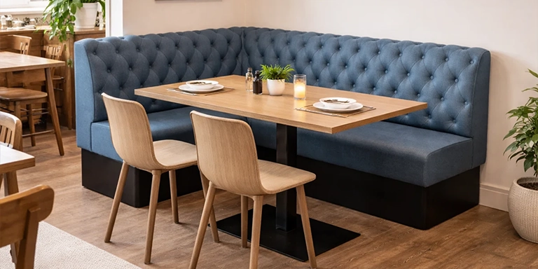 Blue tufted booth seating with a wooden table and two light wooden chairs in a dining area; place settings, a small plant centerpiece and a candle.