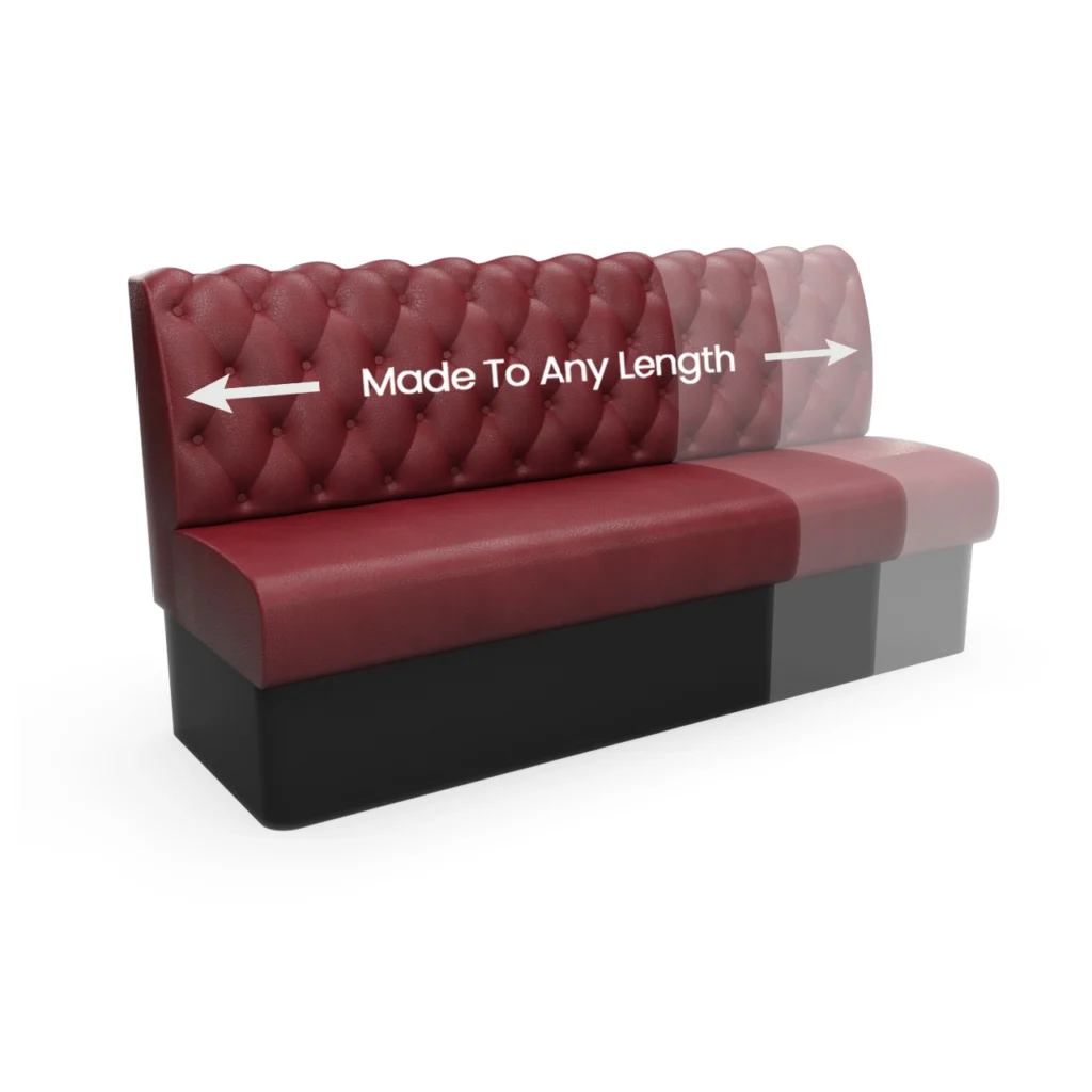 Red tufted sofa with an extendable section and the text 'Made To Any Length' with arrows indicating length adjustment