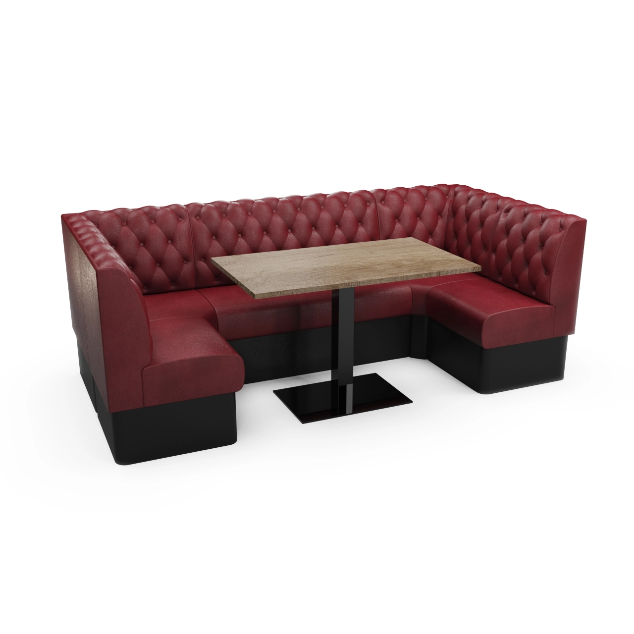 Red tufted leather booth forming a U-shape around a small wooden table with a black pedestal base.