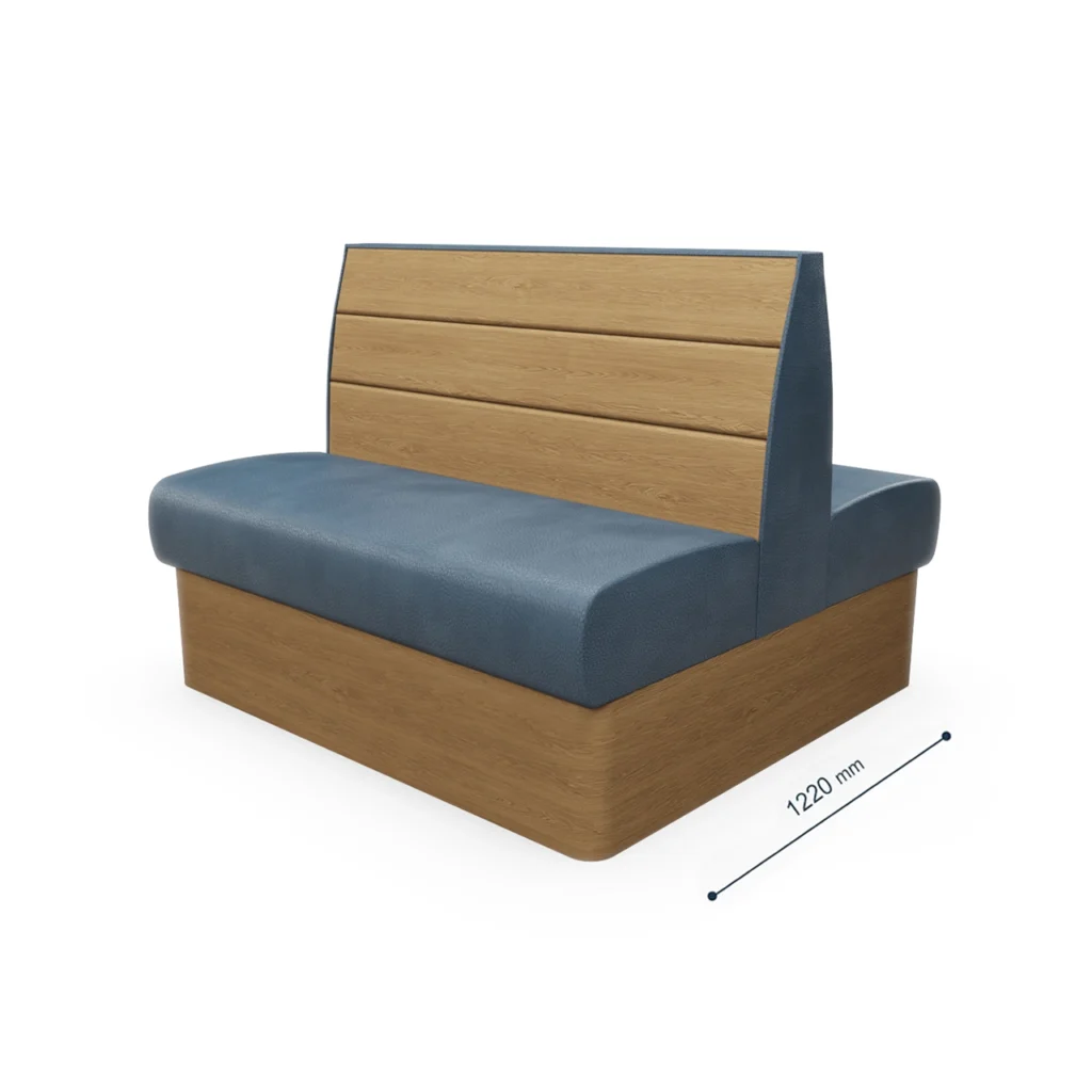 Blue upholstered bench with a wooden backrest and base, length 1220 mm (measured in image).