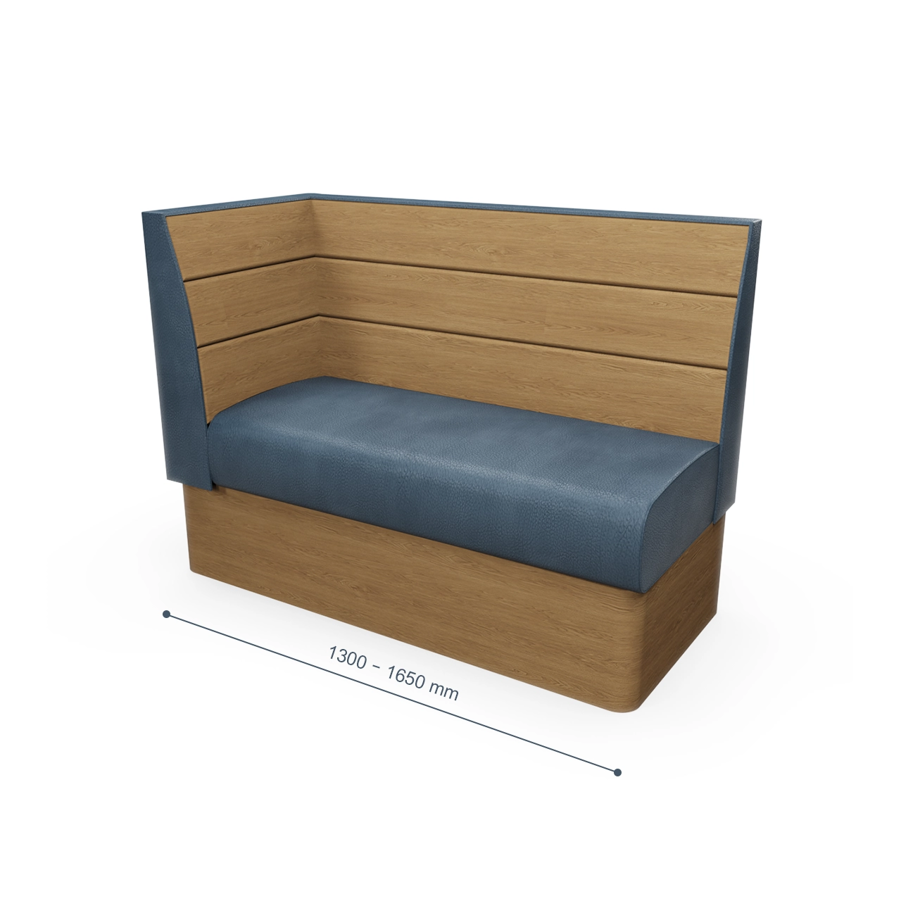 L-shaped wooden booth seating with blue cushioned seat and back panels, showing dimensions 1300–1650 mm at the base.