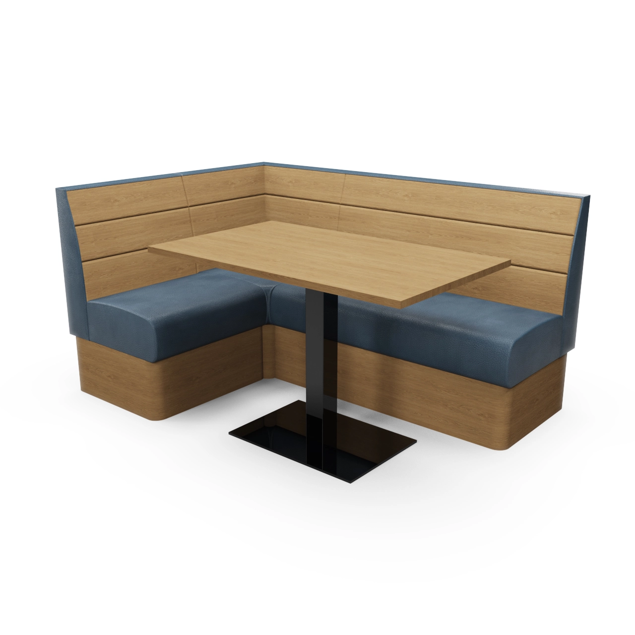 Corner booth seating with a wooden table and blue cushioned benches against light wood paneling in a dining nook