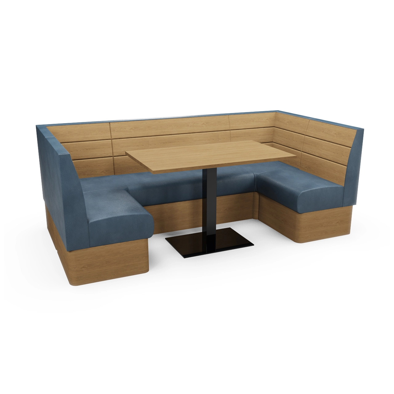 L-shaped booth with light wood panels and blue upholstered benches surrounding a rectangular table on a black pedestal base in a dining area.