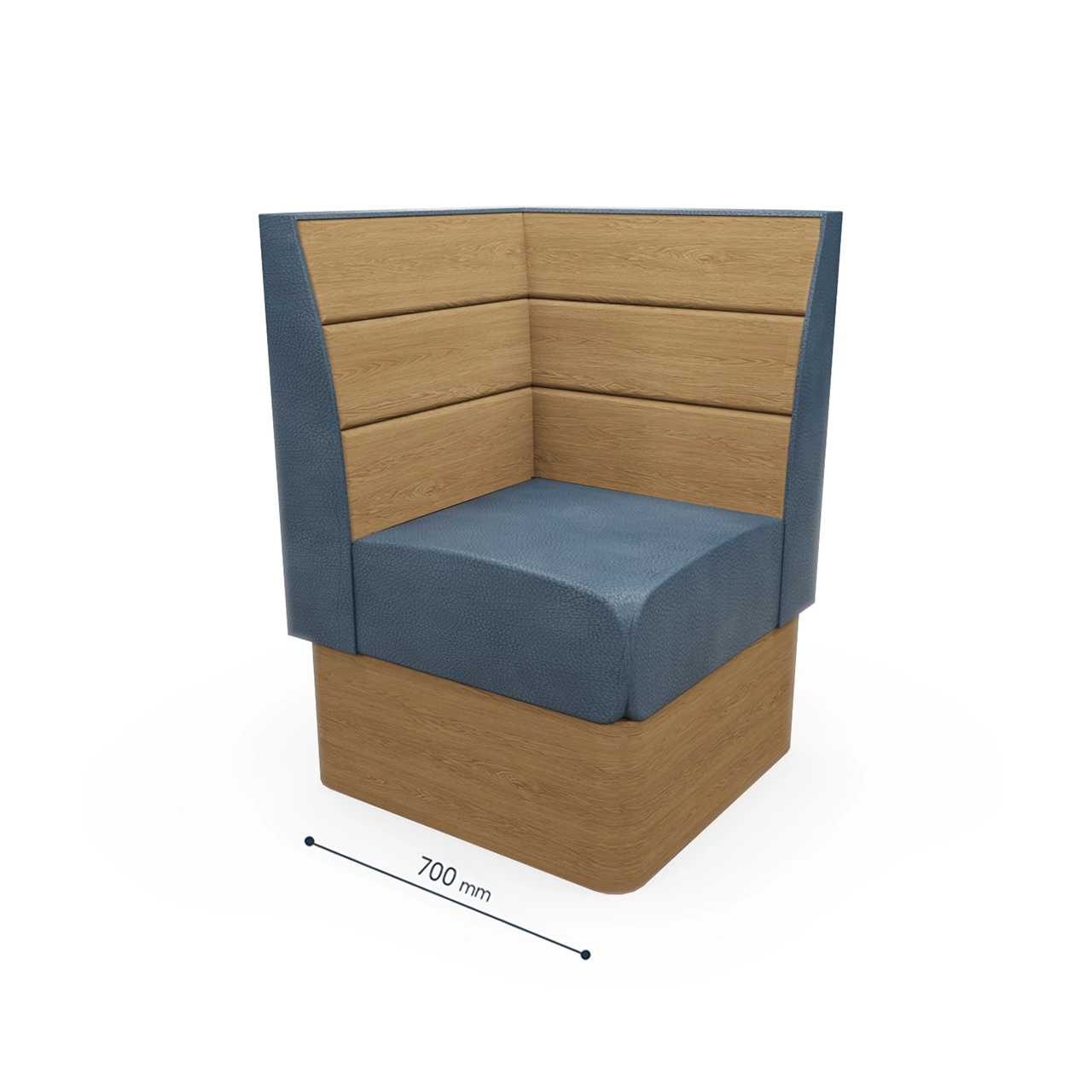 Blue upholstered corner booth with wood-paneled backrests and base, 700 mm wide (informative)