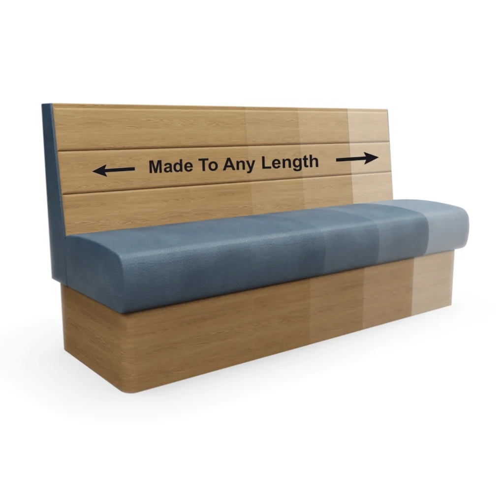 Wooden bench with blue cushioned seat and back panel reading 'Made To Any Length' with left and right arrows.