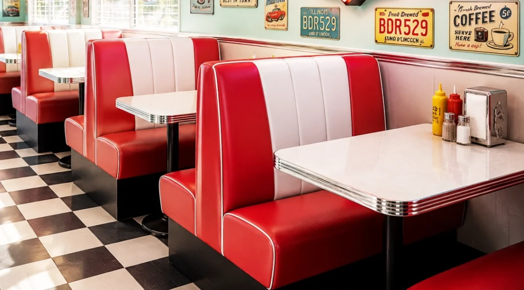 Retro diner booth sets with red and white vinyl seating, glossy white tabletops, and condiment caddy on a checkered floor.