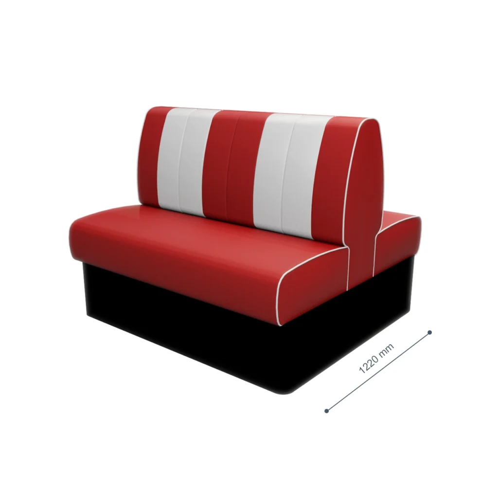 Red and white vinyl diner booth set on a black base, shown with a 1220 mm diagonal dimension line for scale.