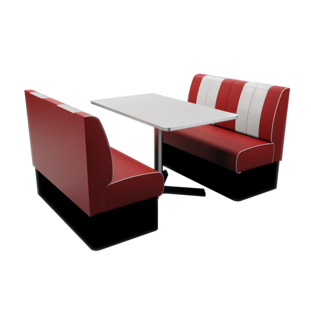 Red-and-white retro diner booth seating with a white rectangular table in a diner setting.