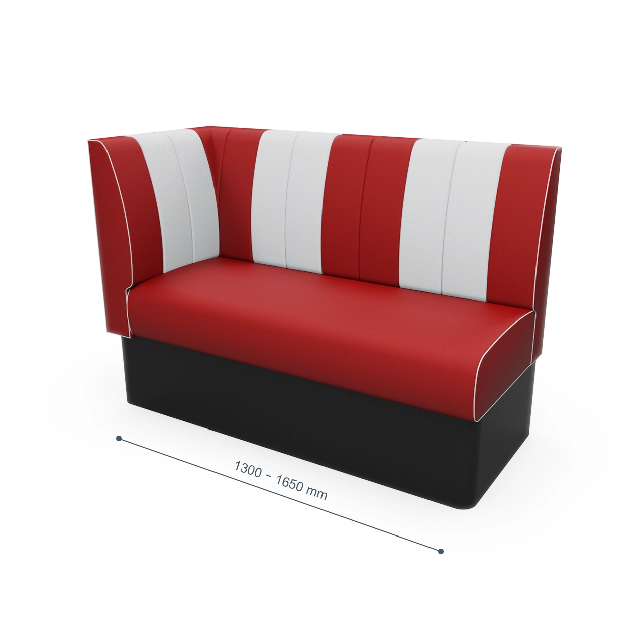 Red and white striped diner booth with black base, shown from an angle; measures 1300–1650 mm in length.