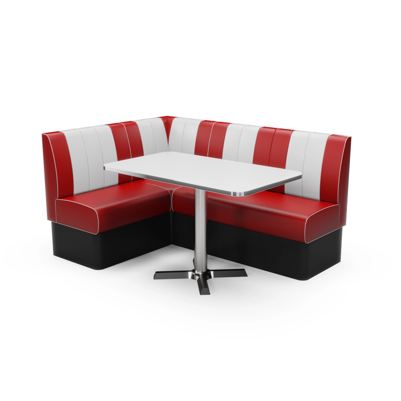 Red and white two‑tone booth seating around a white rectangular table with a chrome pedestal base, set in a retro diner style.