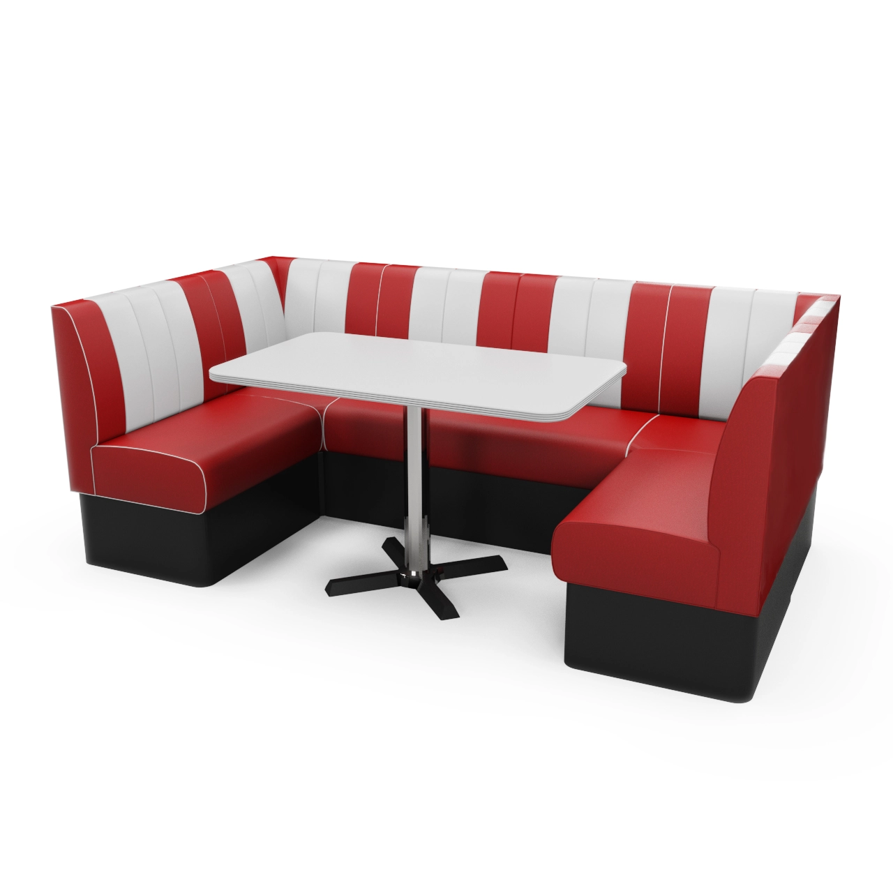 Red and white vinyl U-shaped diner booth surrounding a white tabletop on a metal pedestal base, set against a plain background.