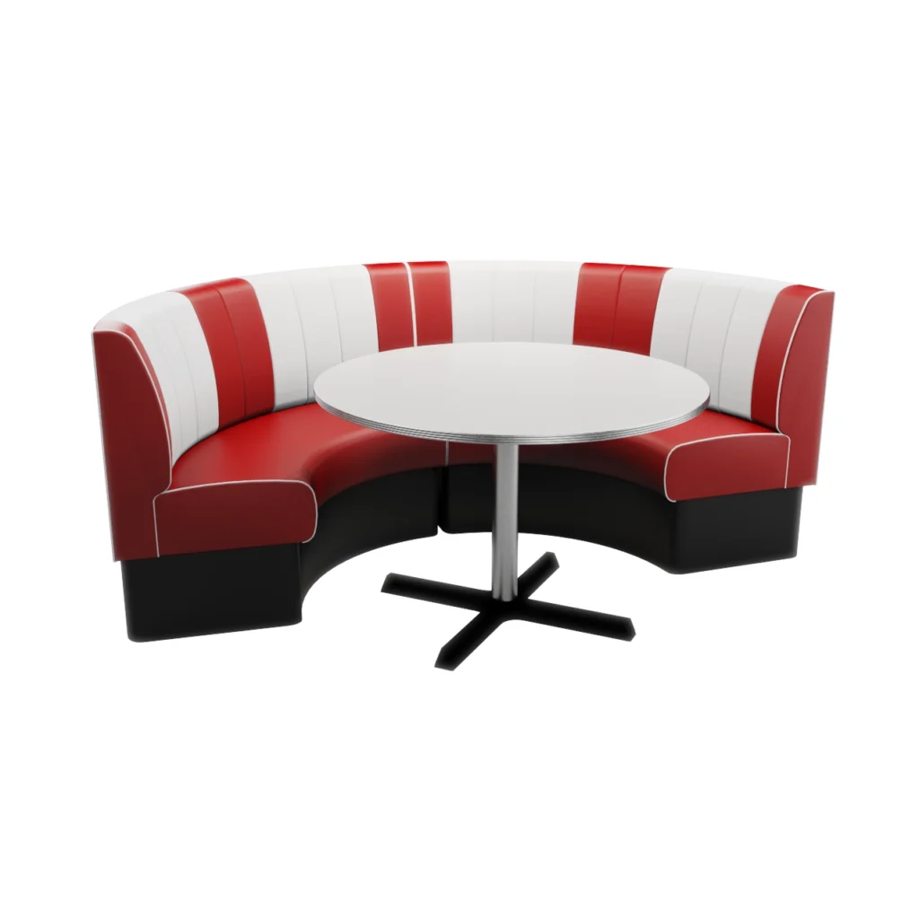 Curved red-and-white upholstered diner booth surrounding a round white table on a metal pedestal base.