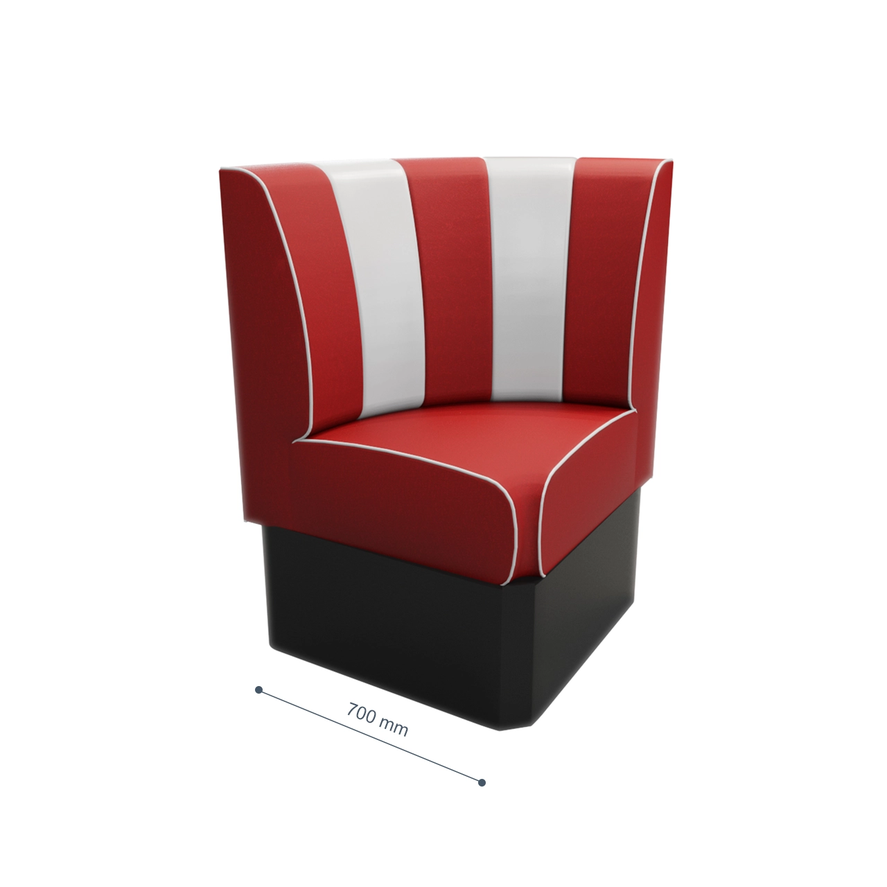 Diner-style red and white striped booth seat with a black base, shown with a 700 mm depth measurement line.