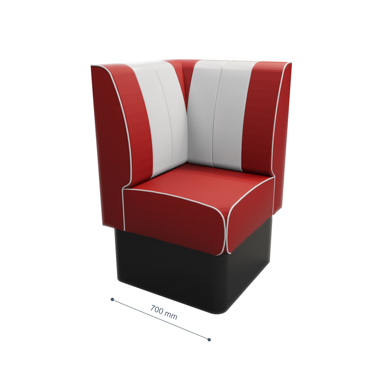 Red and white upholstered corner diner-style seat with a black base, 700 mm wide.