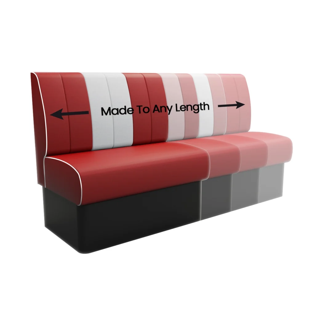 Expandable modular sofa with color-block panels and arrows, indicating adjustable length 'Made To Any Length'
