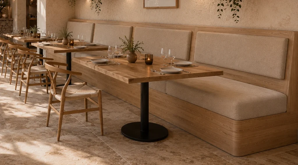 Cozy dining area with wooden tables and beige banquette seating set for a meal, with wine glasses and candles.