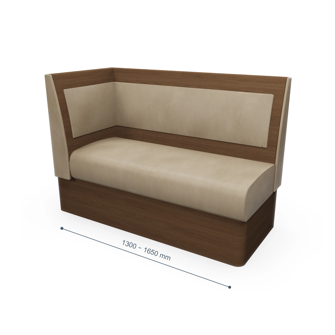 Corner booth seat with beige cushions and brown wood panels, shown with adjustable length 1300–1650 mm.