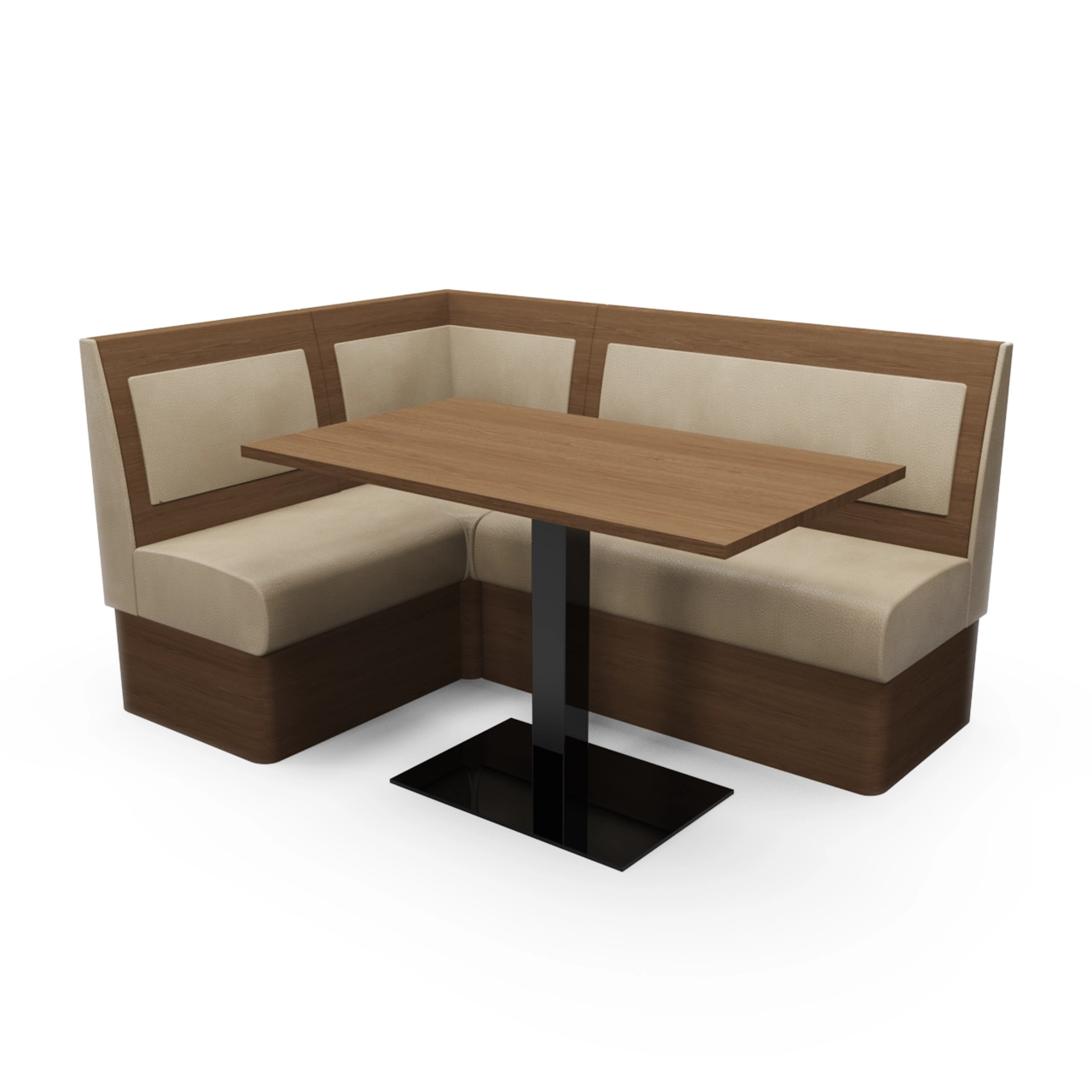 Wooden L-shaped booth with beige upholstered cushions and a rectangular pedestal-table, suited for a diner or cafe.