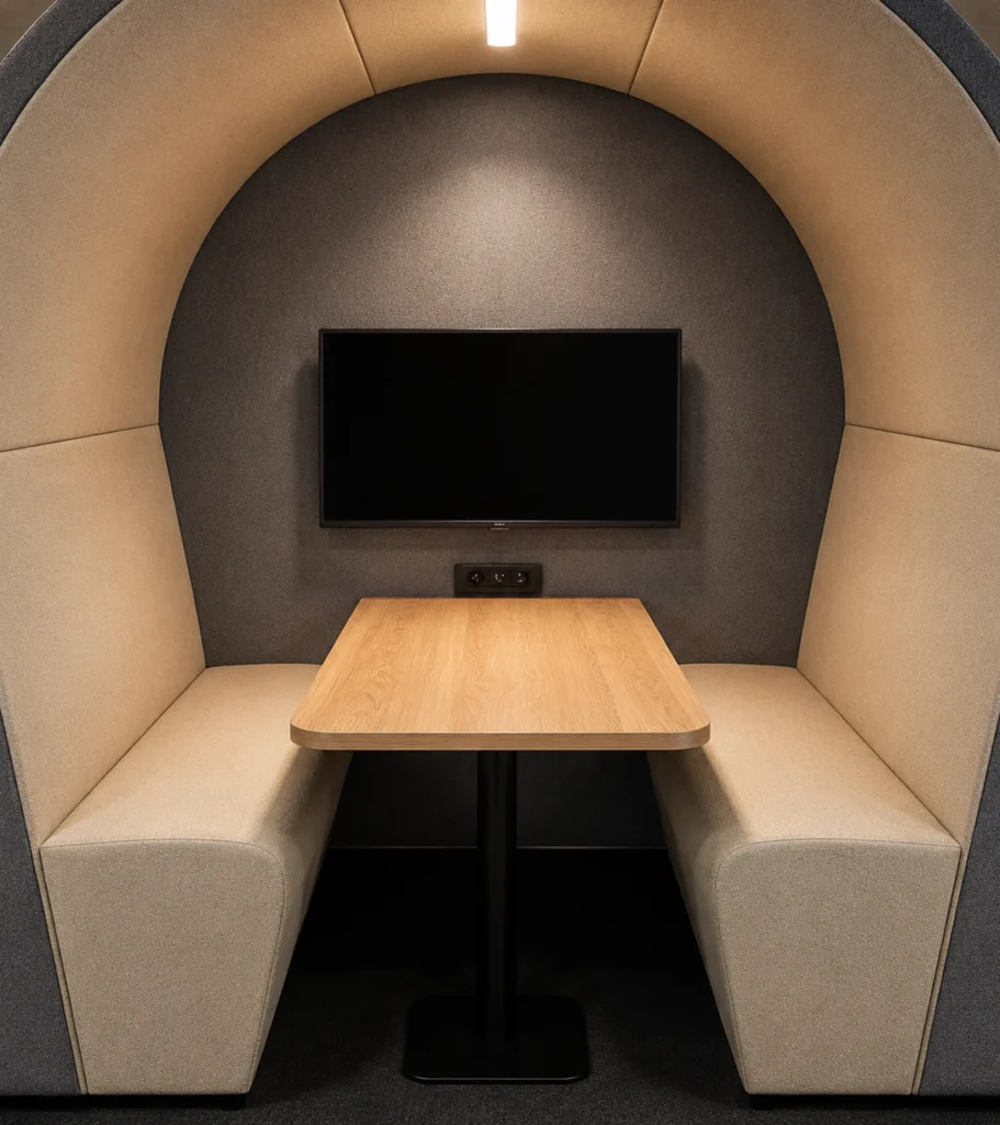 Loop Meeting Pod with integrated TV, curved acoustic upholstery, comfortable booth seating and a central table for private office meetings.