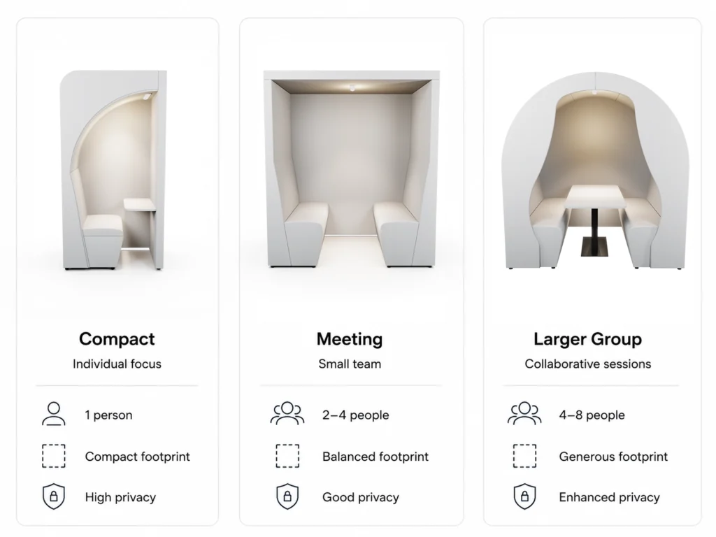 Compact single-person, small-team and larger group office meeting pod configurations