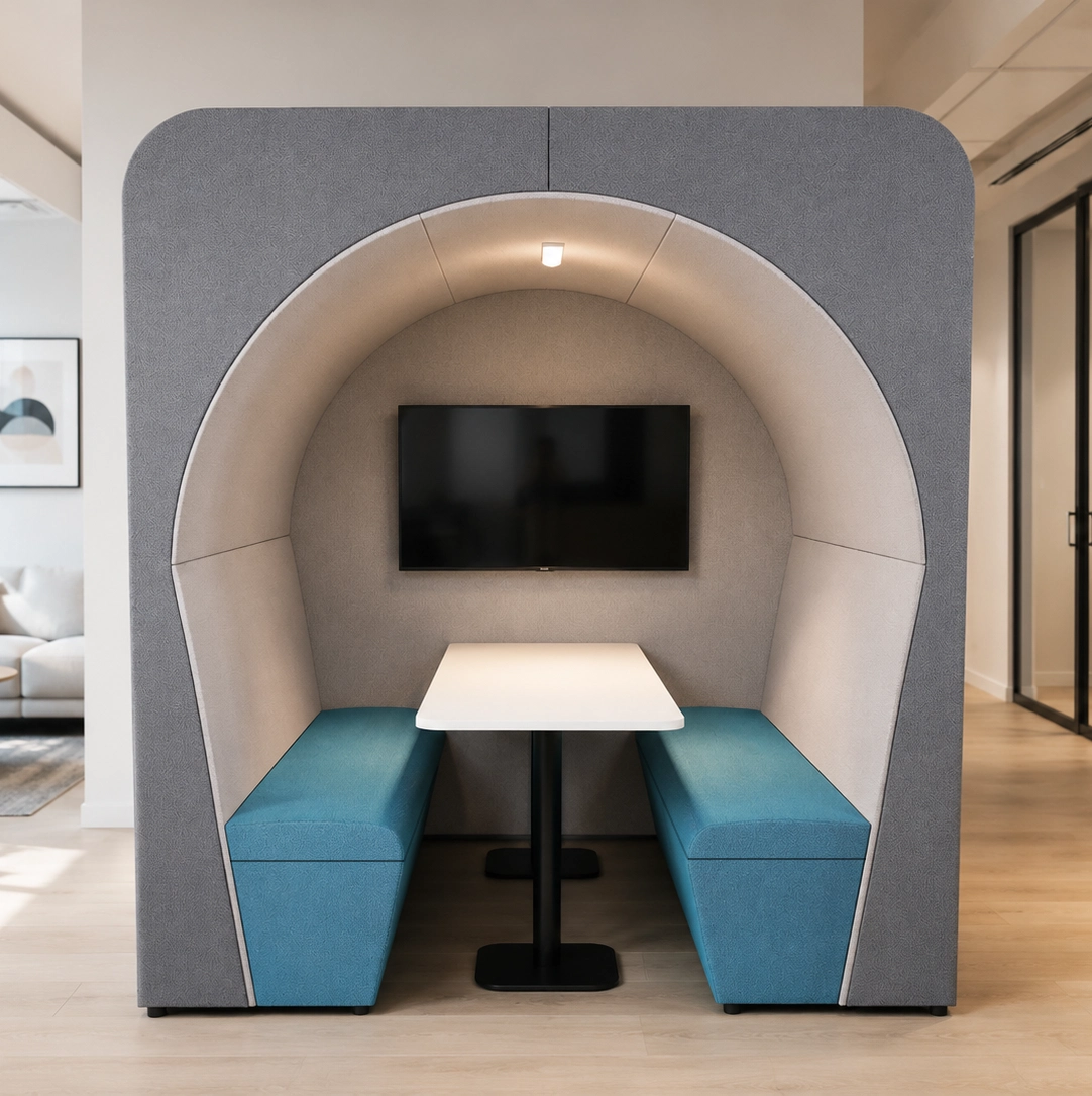 Nook Pod Acoustic Meeting Booth with TV and table in a breakout staff room - Acoustic Meeting Pod by HCF