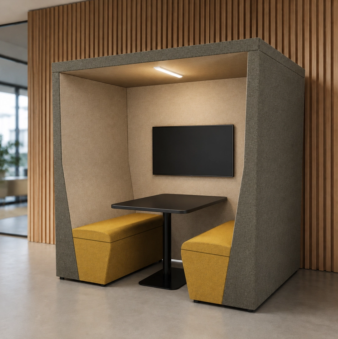 Qube Four Seater Meeting Pod with TV and Electrics in a modern office space